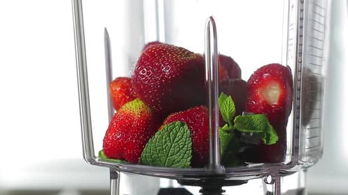 Blending Strawberries, Mint, and Ice in Blender