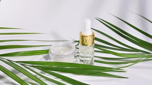 Beauty Products with Plant Leaves on White Table