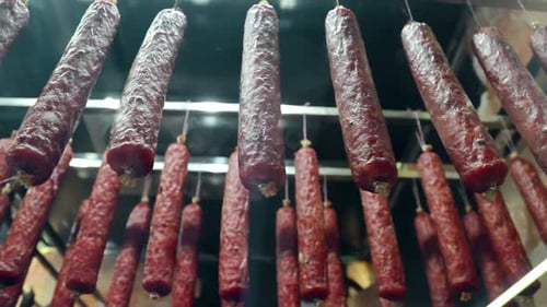 Sausages Hanging on Racks in Food Preparation Setting
