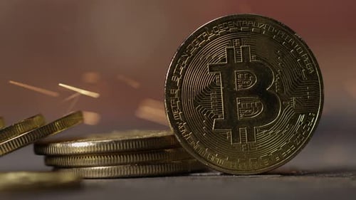 Cryptocurrency close up of bitcoin altcoin physical coins in dynamic setting