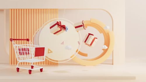 Animated 3D Shopping Cart with Floating Gifts for Sales Promotions