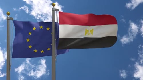 European Union and Egypt Flags Waving with Realistic Fabric
