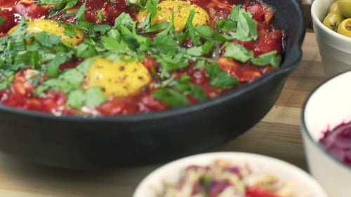 Delicious Shakshuka With Eggs, Tomatoes, and Parsley