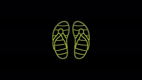 Beach flip flops moving line icon on black background. 4K video neon line animation.