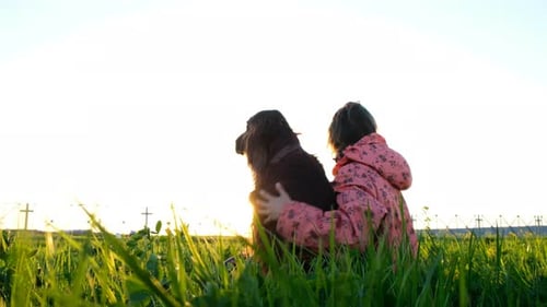 Woman Hugging Dog in Green Field at Sunset