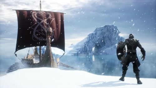Cinematic Viking Warrior and Ship in Icy Landscape