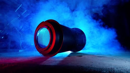Futuristic Illuminated Cylinder Object in Smoky Environment
