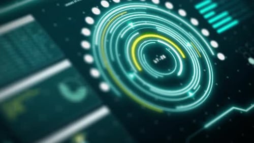Futuristic Digital HUD Interface with Animated Data and Glowing Rings