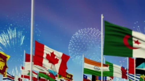Waving Flags of All Nations with Festive Fireworks Background