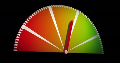 Colorful speed meter with five different color areas: red, orange, yellow, light green and green. Po