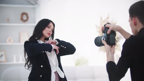 Young Attractive Model Woman Fashionable Suit Having Photoshoot in White Studio