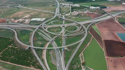 Aerial View. Road Traffic Highway and Overpass with Cars and Trucks, Interchange, Two-level Road