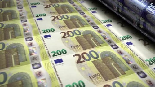 Euro 200 Banknotes Rolling Off Printing Press
