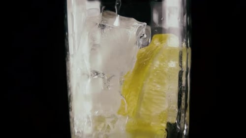 Lemon slice and ice beverage in glass