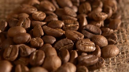 Handful of Coffee Beans on Burlap Sacking, Background, Close Up, Rotation