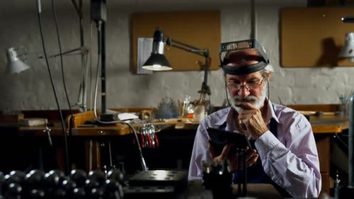 Goldsmith using digital tablet in workshop