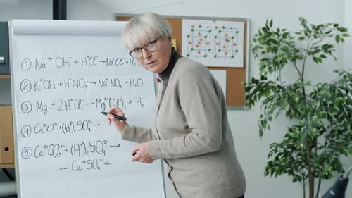 Woman Teaches Chemistry Equations at Whiteboard
