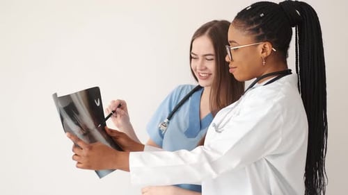 Two Doctors Studying Xray Image in Bright Office