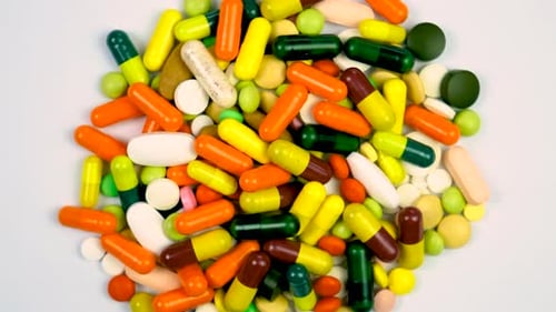Assorted colorful pills and capsules close up