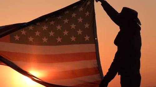 Person Holding American Flag at Sunset Silhouette