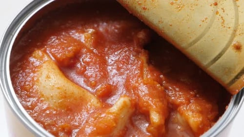 Close up of canned fish in tomato sauce