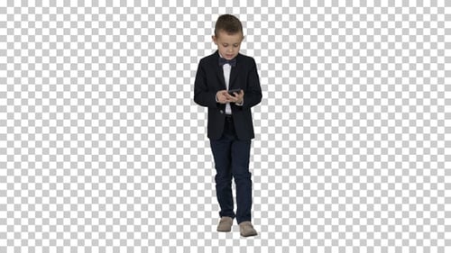 Small Boy in Costume Walking and Using Smartphone, Alpha Channel