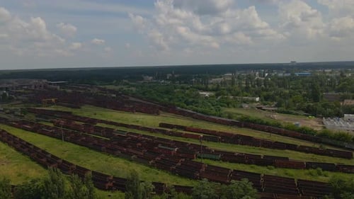 Drone Footage of the Railroad Near the Station with Lots of Trains Parked