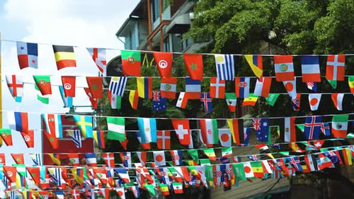 World Flags Decorating Urban Street in Daytime