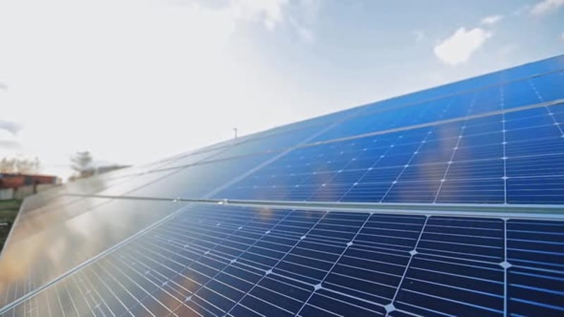 Aerial View Of Solar Panels (Solar Cell) With Sunlight. drone Flight ...
