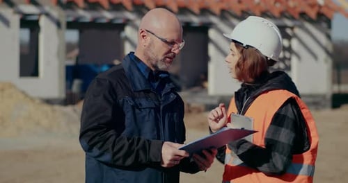 Concentrated Engineers Discussing Examining and Developing at Construction Site