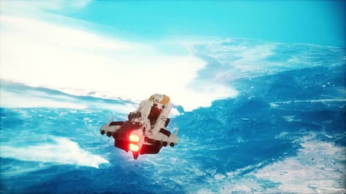 Futuristic Spaceship Flying Over Distant Planet