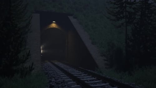 Train leaving an old underground tunnel. Railway transportation. Dark foggy.