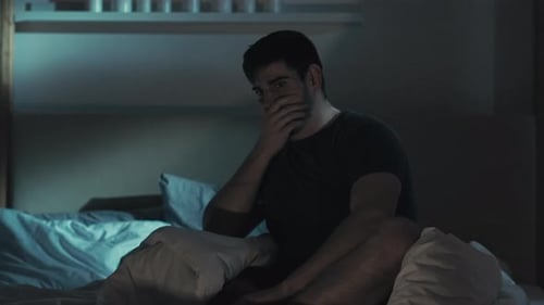 Night Horror Terrified Man Watching Movie in Bed