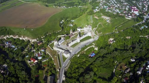 Aerial View of the Ruins of a Large Medieval Castle in Europe