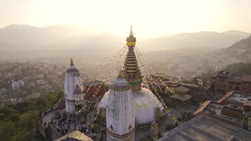 Aerial view circling around Swayambhunath Stupa in Nepal