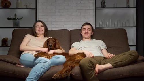 Couple Relaxing on Couch with Irish Setter Dog