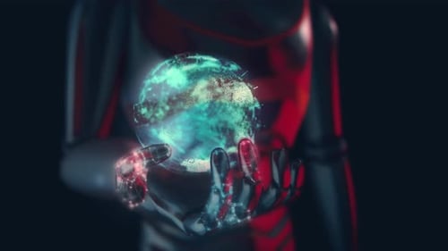 Digital Earth Globe On Robots Hand 4k