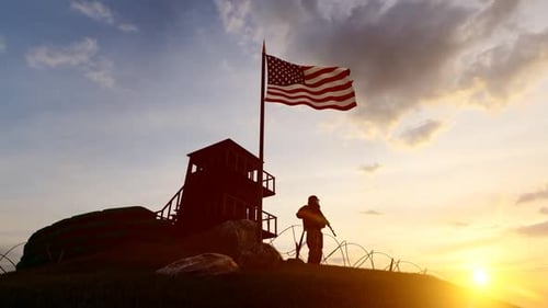 Patriotic Military Scene with US Flag and Soldier Silhouette at Sunset