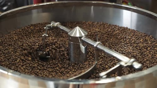 Roasted Coffee Beans Stirring in a Metal Roaster