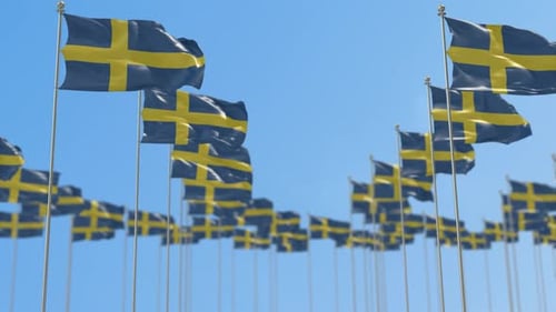 Many Swedish Flags Waving on Flagpoles Against Blue Sky