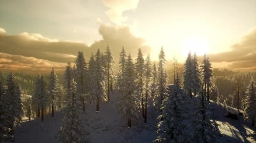 Paisaje de invierno con puesta de sol en la montaña