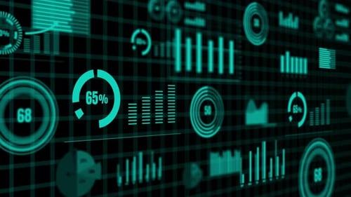 Futuristic Business Data Interface Display with Animated Charts