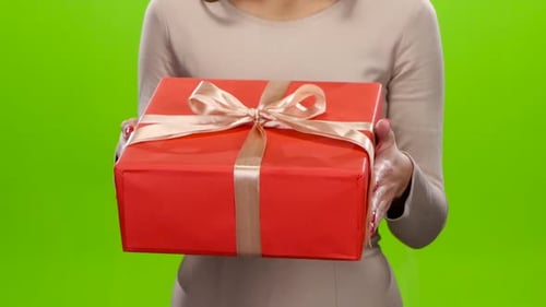 Adult Hands Red Gift Box on Green Screen
