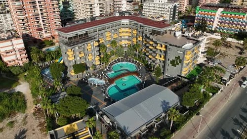 Hotels pool on the beach aerial view Turkey Alanya 4 K