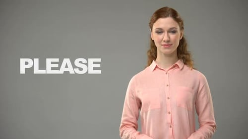 Frau sagt Bitte in Gebärdensprache, Text auf Hintergrund, Kommunikation für Gehörlose