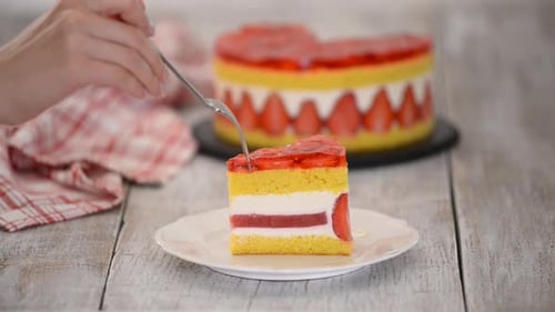 Piece of Strawberry Cake Served
