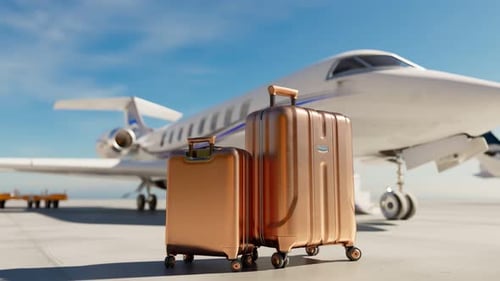 Preparing for a private flight. Jet. Luggage. Exclusive. Runway. Blue sky. 4k HD