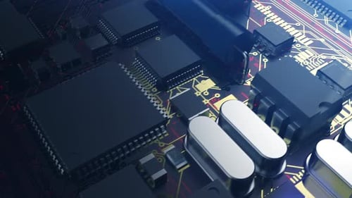 printed circuit board and microchips, camera flight along the printed circuit board close-up