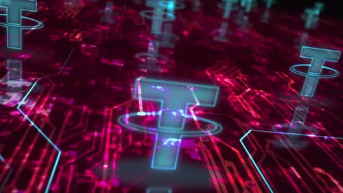 Tether Stablecoin Blockchain Krypto-Währungssymbole Schleifen-Cyber-Konzept