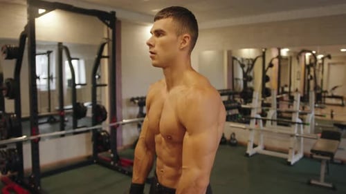 Bodybuilder with Naked Torso Training in the Gym and Does Strength Exercises for Arms with Dumbbells